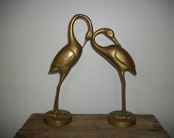 Vintage Pair of Large Solid Brass Cranes Crane Birds Herons Statues