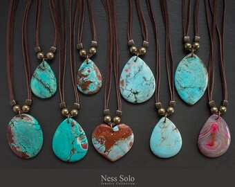 Boho pendant necklace Leather and Turquoise necklace Southwestern jewelry Long Stone necklace Southwest necklace Stone pendant necklace