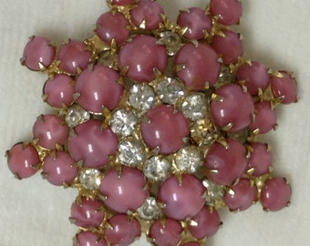 Pink Glass Brooch , Rhinestones, Birthday, Anniversary, Gift, Vintage