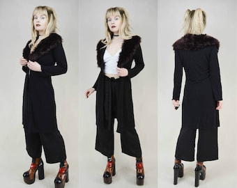 90s Goth Brown Faux Fur Collar Black Slinky Duster Cardigan S