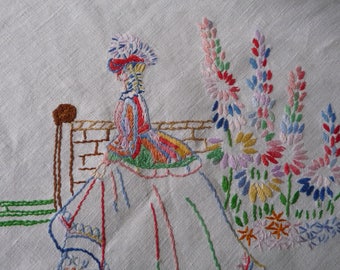 Hand Made Embroidered Tablecloth Vintage Linen 'Crinoline Ladies' 41" x 43"