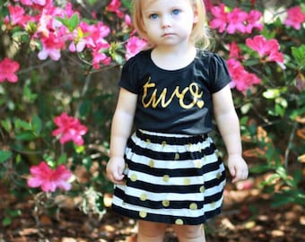 Black and Gold Girls Birthday Outfit, 2nd Birthday Shirt, Birthday Shirt and Skirt, Cake Smash, ANY AGE