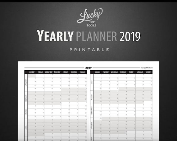 Yearly Planner / Calendar 2019 - Year at a glance - Printable PDF; Letter size 8.5"x11"