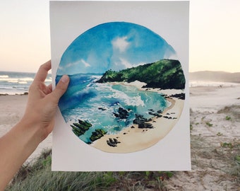 Original Watercolor Painting, Byron Bay, Beach, Ocean, Blue