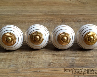 SET OF 4 - Gold and White Stripe Ceramic Knob - Art Deco Gatsby Drawer Pull - Round White Ceramic Knob with Metallic Gold