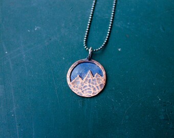 Oxidized Sterling Silver Copper Hammered Mixed Metals Mountain Pendant Necklace