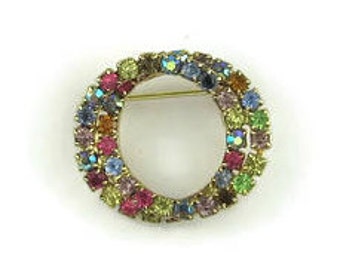 Vintage Multi Color Rhinestone Circle Pin