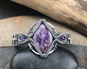 Wire Wrapped Bracelet - Amethyst and Charoite Bracelet in Sterling Silver - Wire Wrap Jewelry - Sterling Silver Bracelet - Gemstone Bracelet