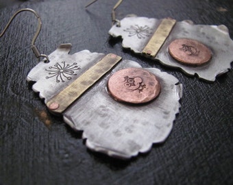 Copper Jewelry Earrings, Mixed Metal Earrings, Hammered Earrings, Geometric Earrings, Modern Earrings, Drop Earrings, Rustic Metal Earrings