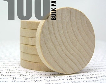 100 Round 1.5 Inch Wood Disks for Pendants, Magnets, Scrapbooking, and More. FLAT SIDES. Bulk Lot.
