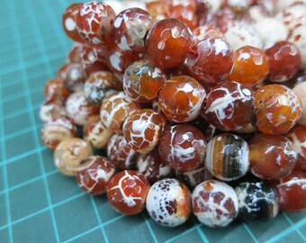 White Brownish Red Agate 10mm Round Beads faceted