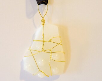 Hobnail Broken Plate Pendant, Wire Wrapped Milk Glass