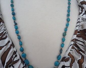 Vintage Turquoise Necklace, Polished Pebbles w/ Silver Tone Accent Beads, 28" Long, Southwestern Jewelry, Gemstone Necklace