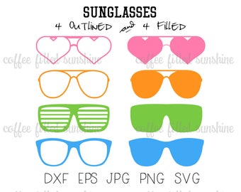 SUNGLASSES SVG, Digital Cut File, Beach Sunglasses, Heart Aviator Shutter Wayfarer, Clipart, Instant Download, dxf eps jpg png svg
