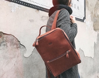 HandMade LEATHER BACKPACK / Citi Backpack / Handcrafted leather Rucksack on zipper / Cognac brown leather bag