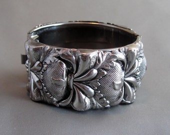 Vintage Chunky Repousse Floral Antiqued Silver Tone - Marked Vargas