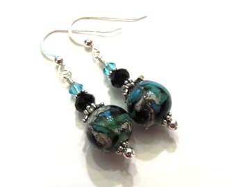 Black & Turquoise Lampwork Earrings With Turquoise and Black Swarovski Crystals, Turquoise Earrings, Black Earrings, Lampwork Jewelry