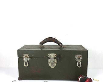 Full Vintage Tackle Box 1940s Green Metal Full Tackle Box Old Leather Handle Tackle Box Original Full 1940s Fishing Tackle Box