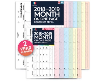 PRINTED 2018–2019 Month on one page 2 year planner organiser Insert A5 / Personal Filofax A5 Kikki.K Large Compatible Refill Coloured WO1P