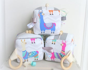 llama baby toy, teething toy, alpaca sensory soft toy, ribbon cloth block, taggy toy, baby toy, wooden teething toy, plush baby toy