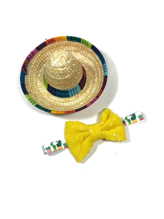 Sombrero + Bow Tie || Mini Sombrero || Dog Hat || Straw Hat || Mini Sombrero || Fiesta Party || Fiesta Hat