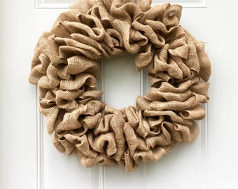 Burlap Wreaths For Front Door, Handmade Burlap Wreath, Very Full Large Natural Plain Burlap Wreath, Farmhouse Decor, Year Round Wreaths