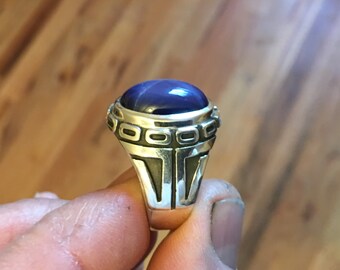 Mens Unique Oval Blue Star Sapphire Heavy Sterling Silver Ring