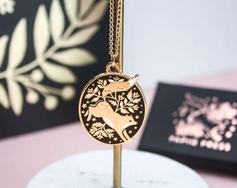 Enamel Fox Necklace, Gold Floral Fox Pendant