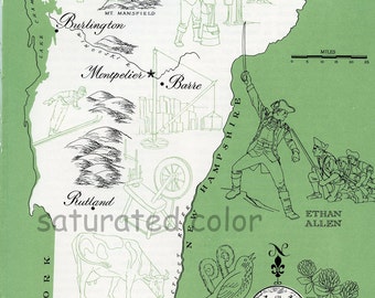 Vermont Map - Vintage colorful illustrated map of Vermont - 1960s picture map - Retro Colors