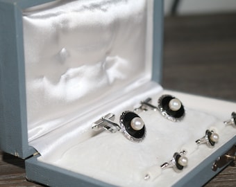 Vintage Tuxedo CuffLinks Shirt Studs Set, Black Onyx Pearl Silver Cufflinks Studs Dress Set. Men GROOM Gift Sterling Art Deco Jewelry