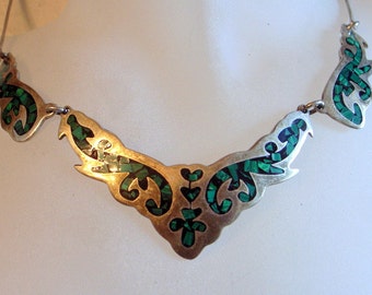 Vintage Taxco Necklace - Taxco Mexico Sterling Silver And Inlaid Turquoise Handmade Bib Necklace