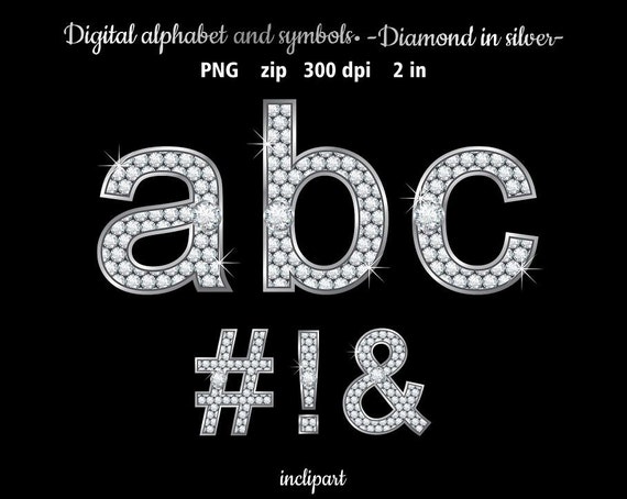 Diamond silver alphabet and symbols clip art. Rhinestone