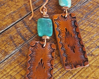 Hand Tooled Leather Earrings - Turquoise - Copper - Western Jewelry - Cowgirl Jewelry - Leather Earrings by Heart of Cowgirl