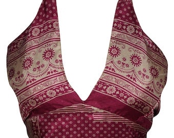 Maroon Sexy Stylish Crop Top Upcycled Silk Tie Back Printed Vintage Halter Tops Blouse One Size