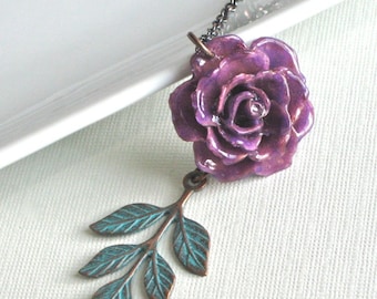 Purple Real Rose Necklace - Flower Jewelry, Natural Preserved, Nature Jewelry