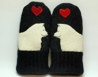 Samoyed Wool Mittens Sweater Recycled Wool Mittens Gray Black and White Samoyed Applique Leather Palm Fleece Lining Eco Friendly Size M/L