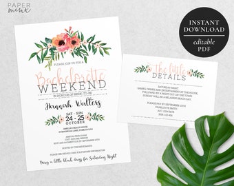 Printable Bachelorette Weekend Invitation | Editable Template | Bachelorette Party Invitation | Floral | Watercolour Flowers | Pink
