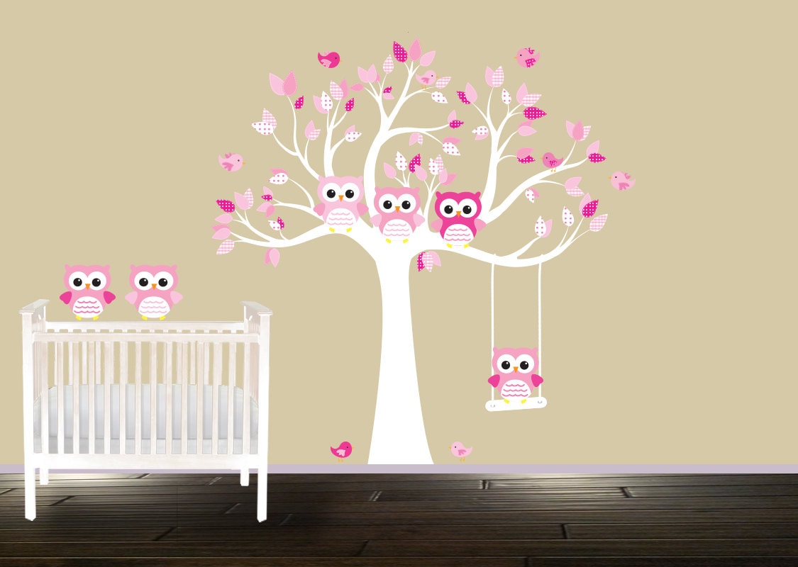 Girls Baby Room Nursery Tree Wall Decal Pink Owl Wall Decals