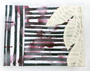 Hand-printed Black+White+Purple Journal/Notebook/Sketchbook- Two-color Coptic with Leather Bookmark and Label