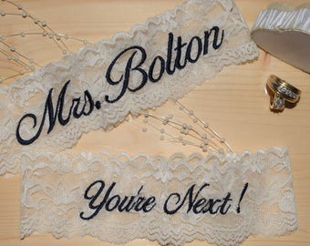 Personalized Wedding Garters, You pick your thread color, Garter For Wedding. Wedding Garters, DOESN'T INCLUDE DATE.