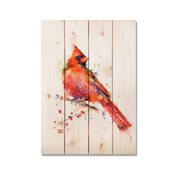 Bird Art Print. Bird Wall Decor. Red Cardinal on Wood. Indoor
