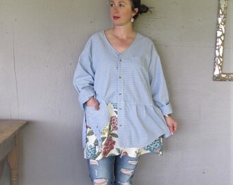 upcycled clothing recycled tunic cotton linen dress smock shirt spring jacket 2 X 3 X Wearable Art sustainable Bohemian LillieNoraDryGoods