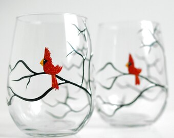 Red Christmas Cardinal Stemless Wine Glasses - Set of 2 Hand Painted Christmas Glasses