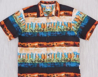 Hawaiian Shirt ITS 5 O'CLOCK SOMEWHERE Margaritaville Jamaican Vacation Surfboards Graphic Print 100% Silk Mens - L - Oahu Lew's Shirt Shack