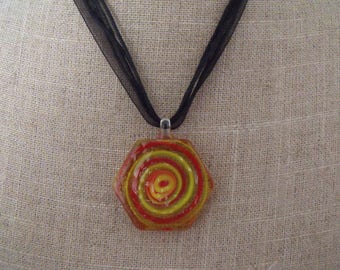 SALE red yellow and transparent glass pendant necklace