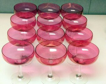 12 Vintage Cranberry Flashed Champagne Sherbet Glasses