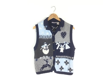 Ugly Christmas Sweater, S tacky Christmas sweater, vintage clothing, sweater vest, women's jumper