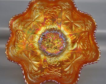 Carnival Glass Fenton LOTUS & POINSETTIA (Waterlily) Dark Marigold Ruffled Footed Bowl