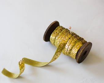 Gold Glitter Velvet Ribbon (with Wooden Spool) - 5 yards - 3/8" wide