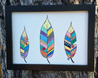 Original Watercolor and Ink, "Tres Plumas" 7 by 5